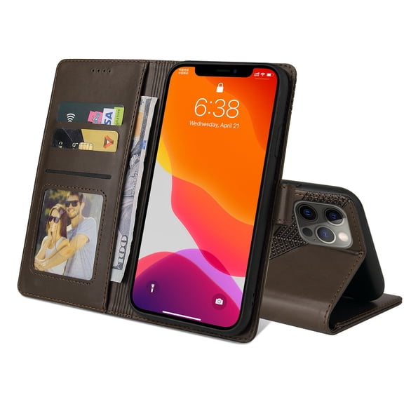 Leather Wallet Case For iPhone 12 Pro Max, Flip Folio Cover with Card Holders Magnetic Buckle Kickstand  Phone Protective Case Cover, For iPhone 12 Pro Max,Brown