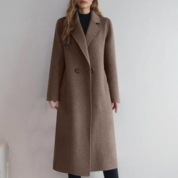 Oplxuo Women Trendy Long Woolen Trench Coat Winter Coats Casual Notched Lapel V Neck Button Peacoat Cardigan Jacket