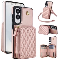 Compatible with Samsung Galaxy S25 Edge 5G Wallet Phone Case Tempered Glass Screen Protector Wrist Crossbody Strap Stand Credit Card Holder RFID Slot Cell Cover for S25Edge 25S Women Girls Rose Gold