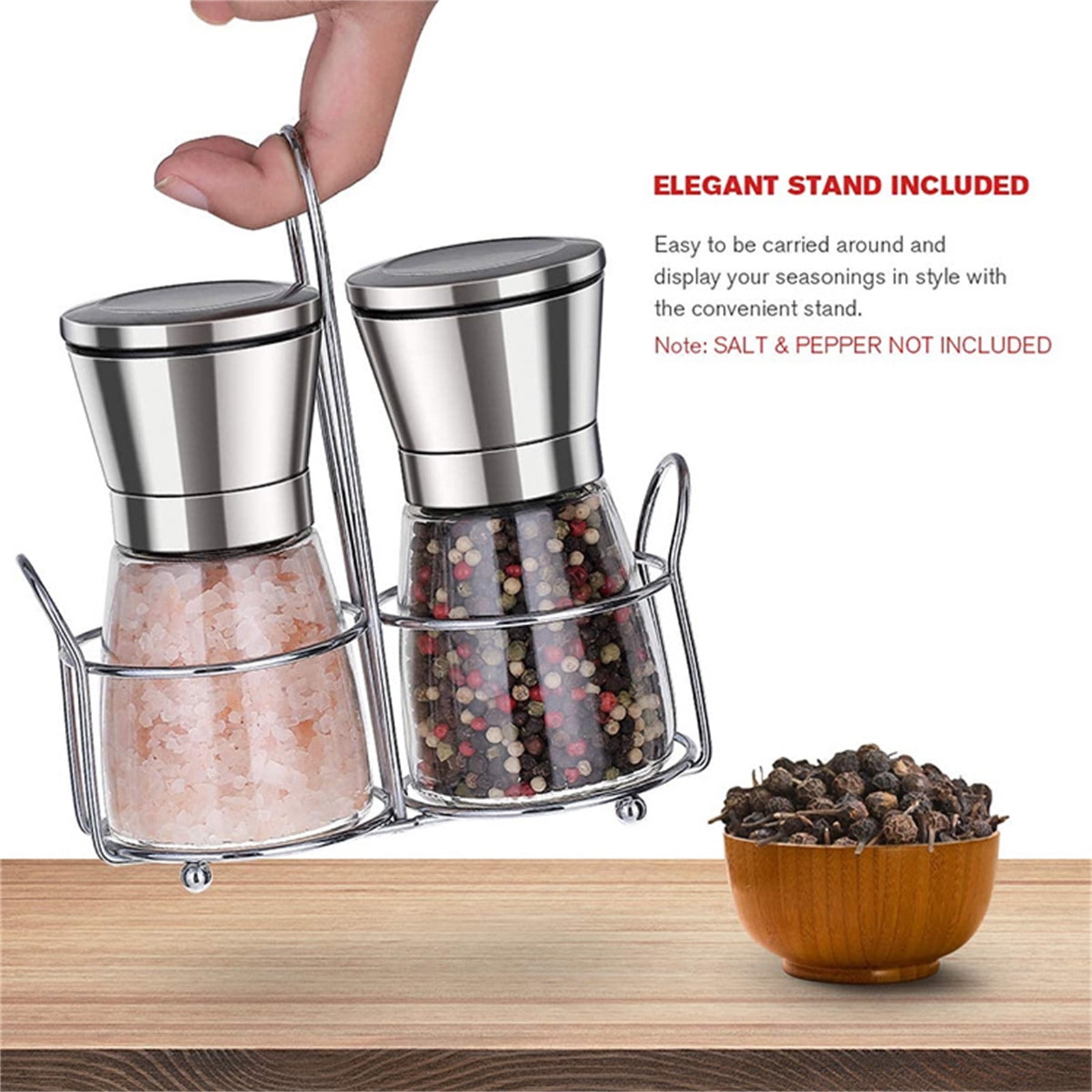 Piwvid 2 Pack Pepper and Salt Grinder Set, Stainless Steel Adjustable Coarseness Mill, Refillable Manual Grinder for Black Peppercorns, Easy to Clean, Kitchen Tool