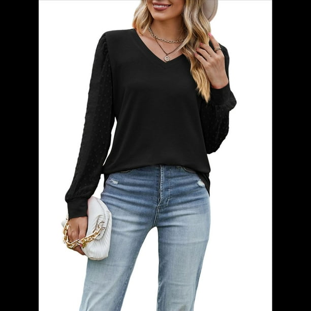 Blusas Elegantes e Informales para Mujer, con Cuello en V y Lunares, de Larga Negro M