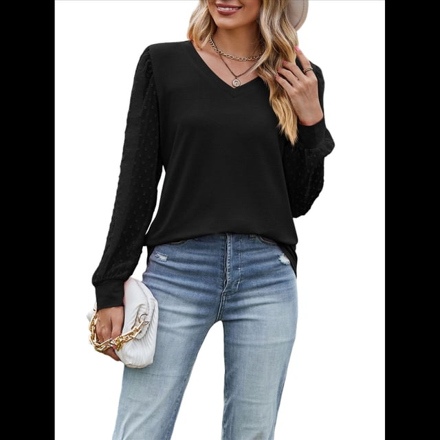 Blusas Elegantes e Informales para Mujer, con Cuello en V y Lunares, de Larga Negro L