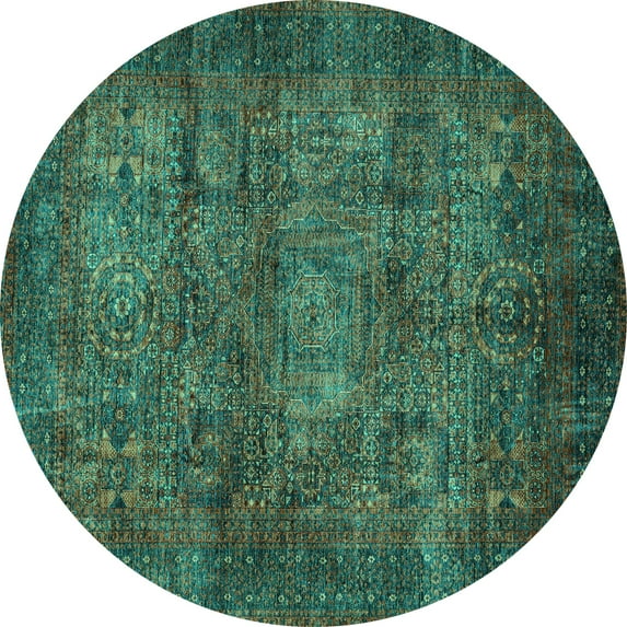 Ahgly Company Machine Washable Indoor Round Abstract Turquoise Blue Modern Area Rugs, 5' Round