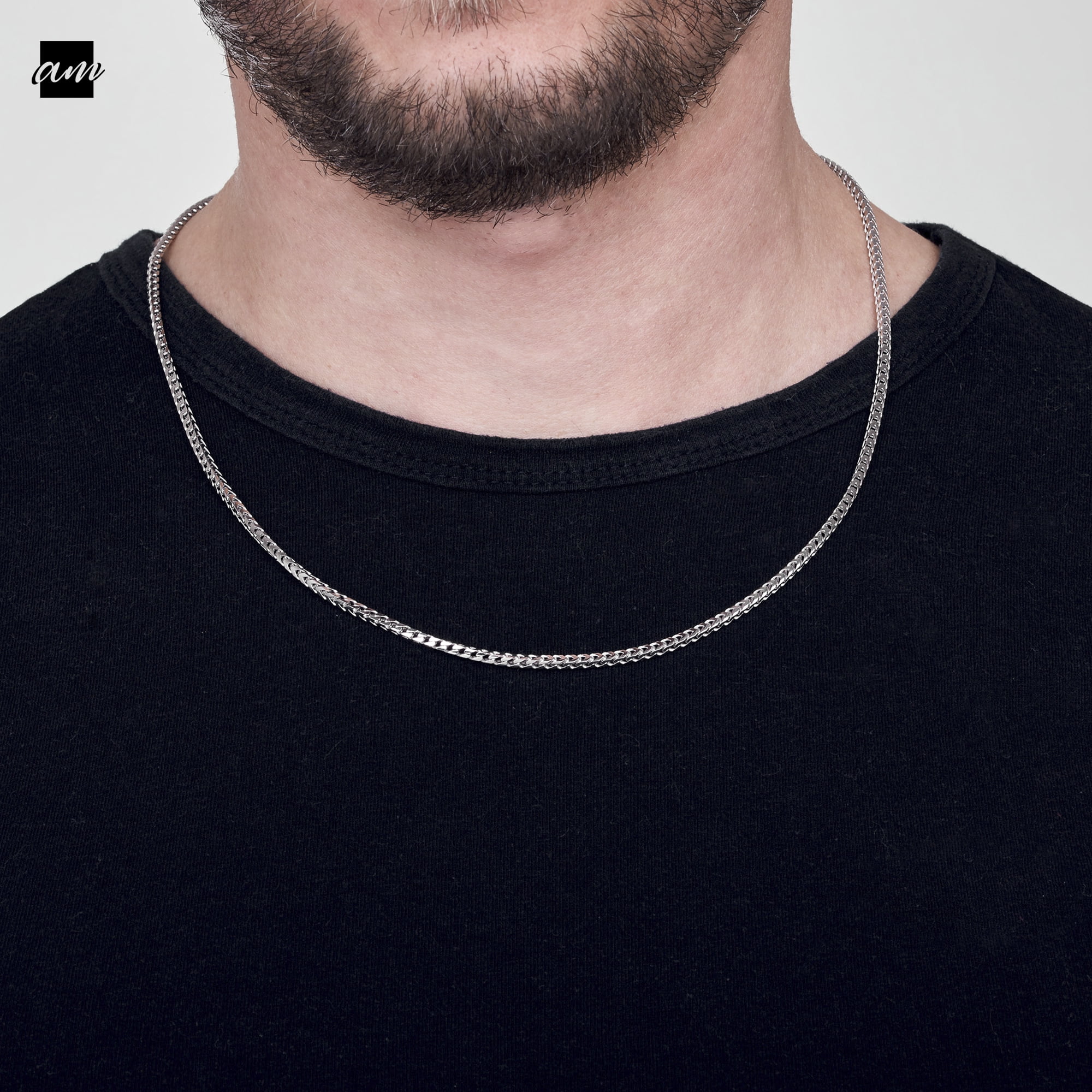 Amberta 925 Sterling Silver Necklace for Men - Franco Chain 2.5 mm: Mens Silver Chain Necklace 24 inch/ 60 cm