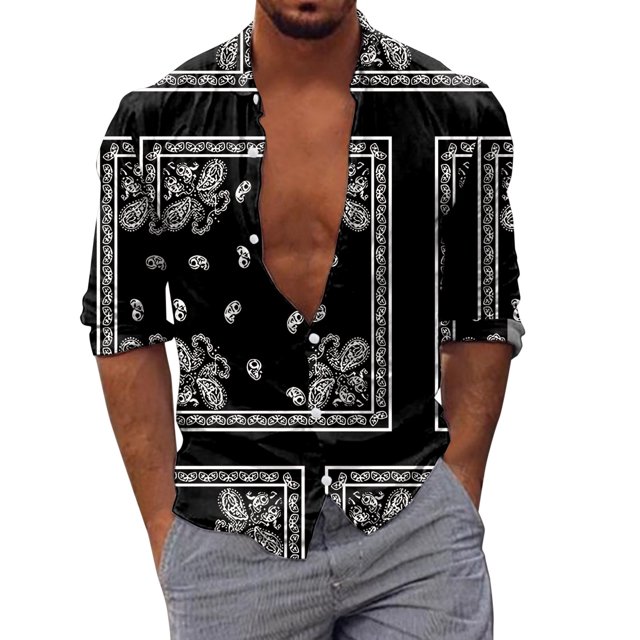 Camisas Para Hombre Manga Larga De AlgodóN Camisas estampadas informales de manga larga para otoño e invierno para hombre, blusas superiores a la (Black, XXL)