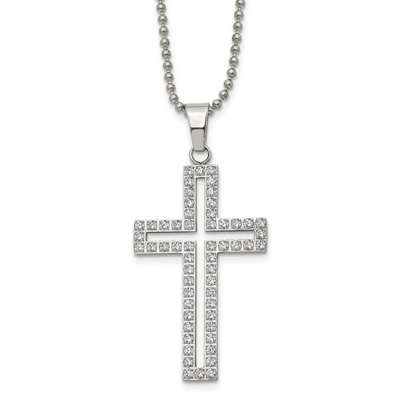 Auriga Stainless Steel Polished with CZ Cutout Cross Pendant on a Ball Chain Necklace for Mens 22"