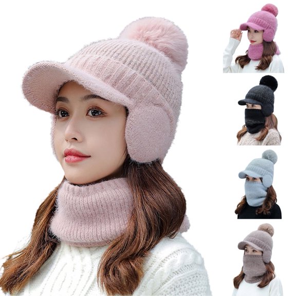 zobvuyeg 1 Set Fashion Women Winter Knitted Hat Thickened Faux Rabbit Fur Pompom Cap with Neck Scarf