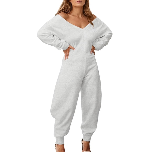 Jumpsuits for Women Casual Long Sleeve Off Shoulder Wide Leg Rompers,Grey,M