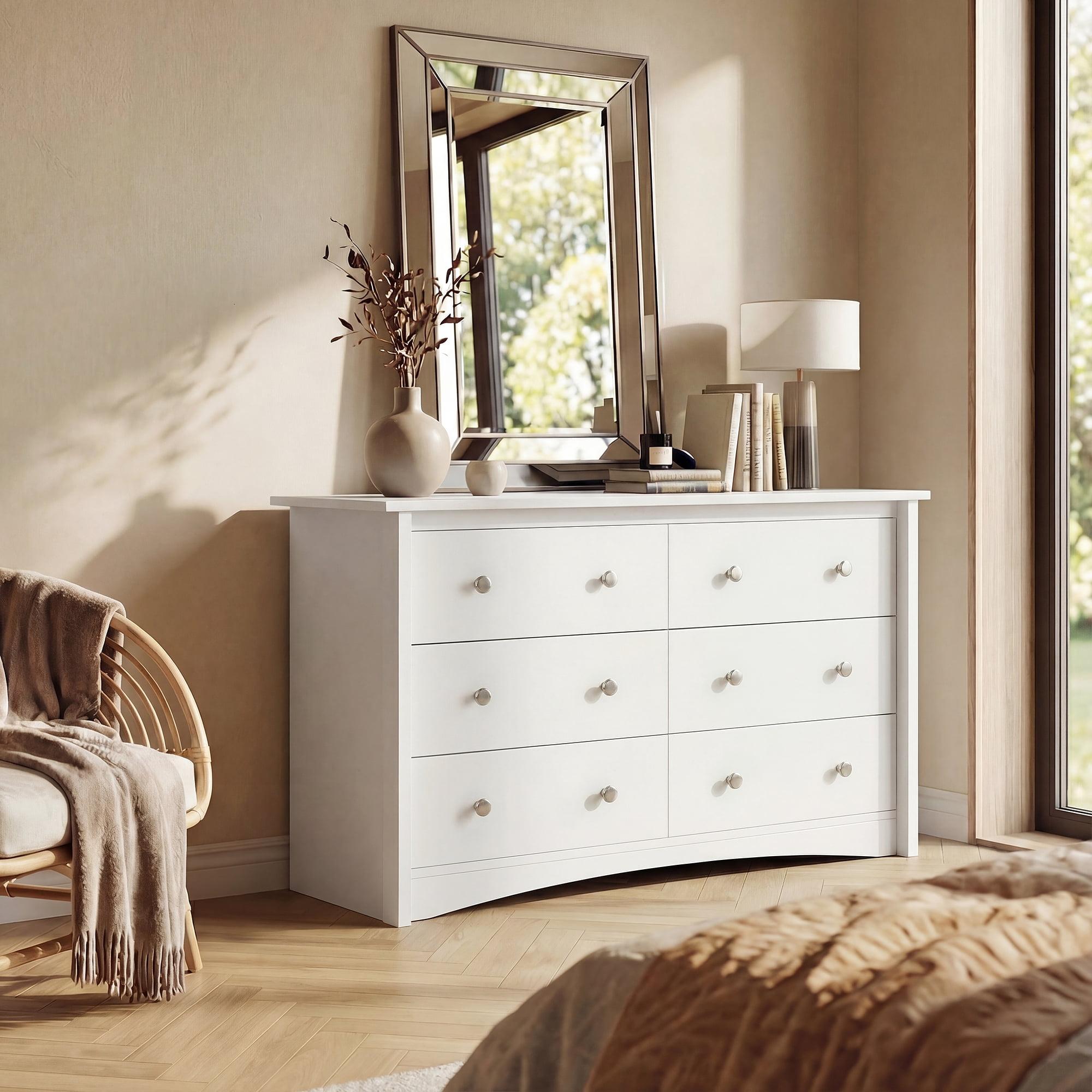 Lacoo 47'' Wide 6 Drawers Wooden Dresser for Bedroom, Modern Storage Chest of Drawers for Living Room, White