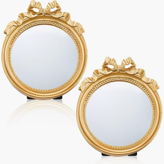 2 Pcs Small Vintage Wall Mirror Gold Round Wall Mirror Hanging Mirror Portable Handle Mirror Dressing Mirror for Women Make up Tool Bedroom Dressing Table Decoration