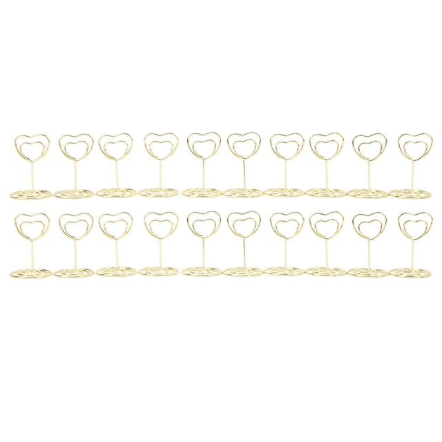 20 soportes para números de mesa en forma de corazón, de metal resistente y estable, ampliamente utilizados, para tarjetas de lugar en el hogar, la escuela y la oficina, color dorado
