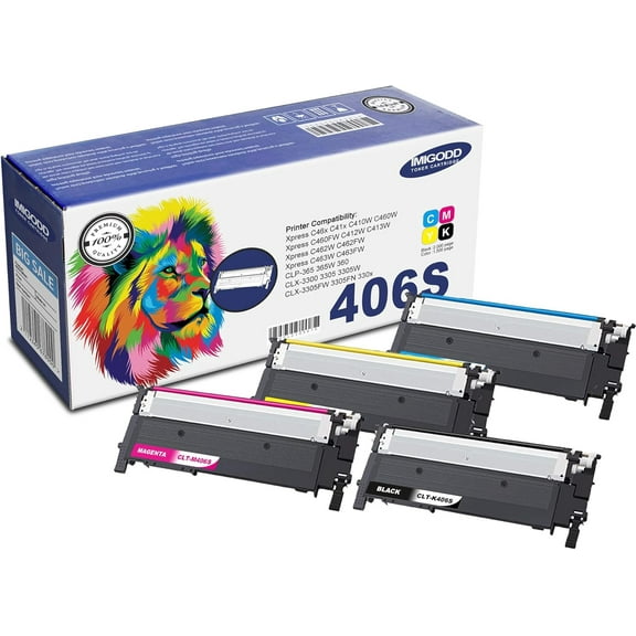 CLT-K406S C406S M406S Y406S BK/C/M/Y Toner Cartridge (with Chip) Replacement Compatible for Samsung Xpress C46x C41x C412W/C413W C462W/C462FW C463W/C463FW CLP-365 365W 360 CLX-330x Printers (4 Pack)