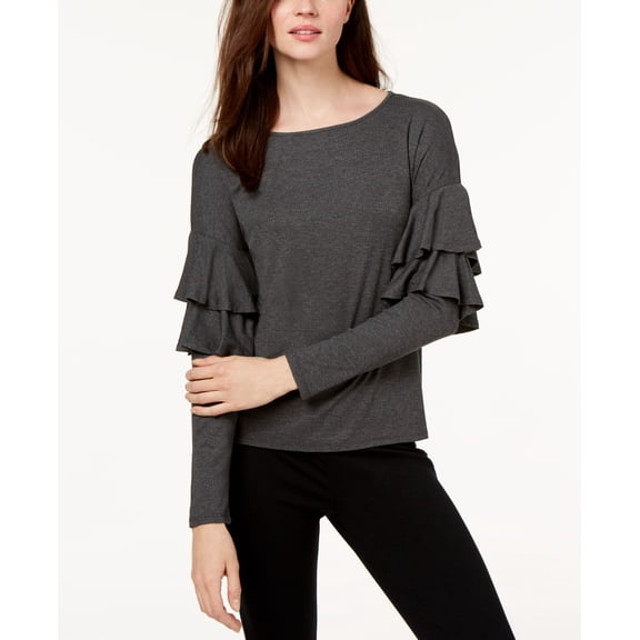 CeCe Womens Ruffled Sleeves Ribbed Blouse Gray XL