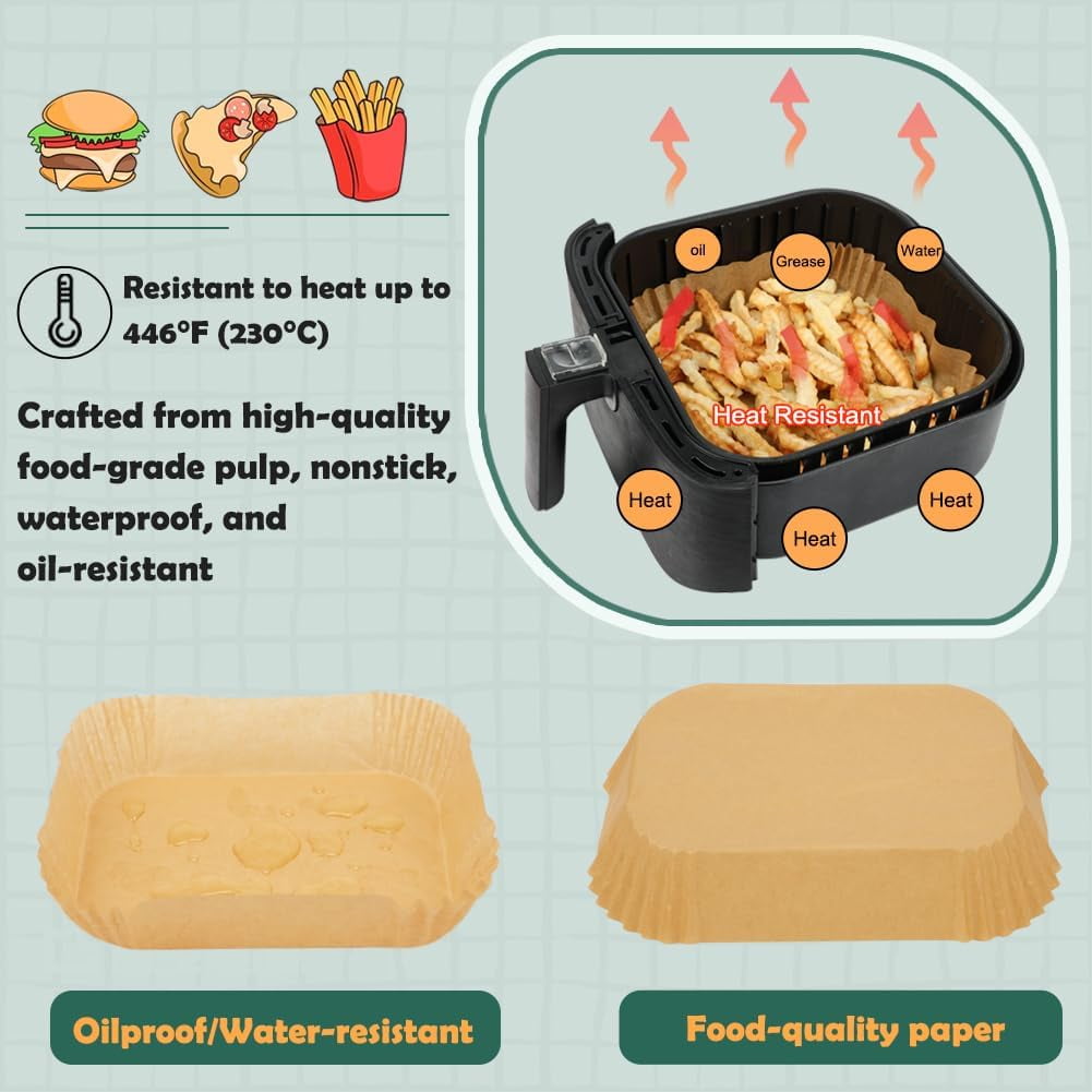 Large Air Fryer Liners, Set of 100, 10 Inch Square Air Fryer Liners, XL Airfryer Disposable Paper Liner, Compatible with Corsori, Ninja, Gourmia Airfryer and More