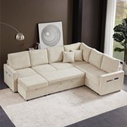112'' Sectional Sleeper Sofa with Pull Out Bed, U Shaped 7 Seat Modular Sectional Sofa with 8 Storages Comfy Sleeper Sectional Couches for Living Room, Pet-friendly Couch Bed (Linen, Beige)