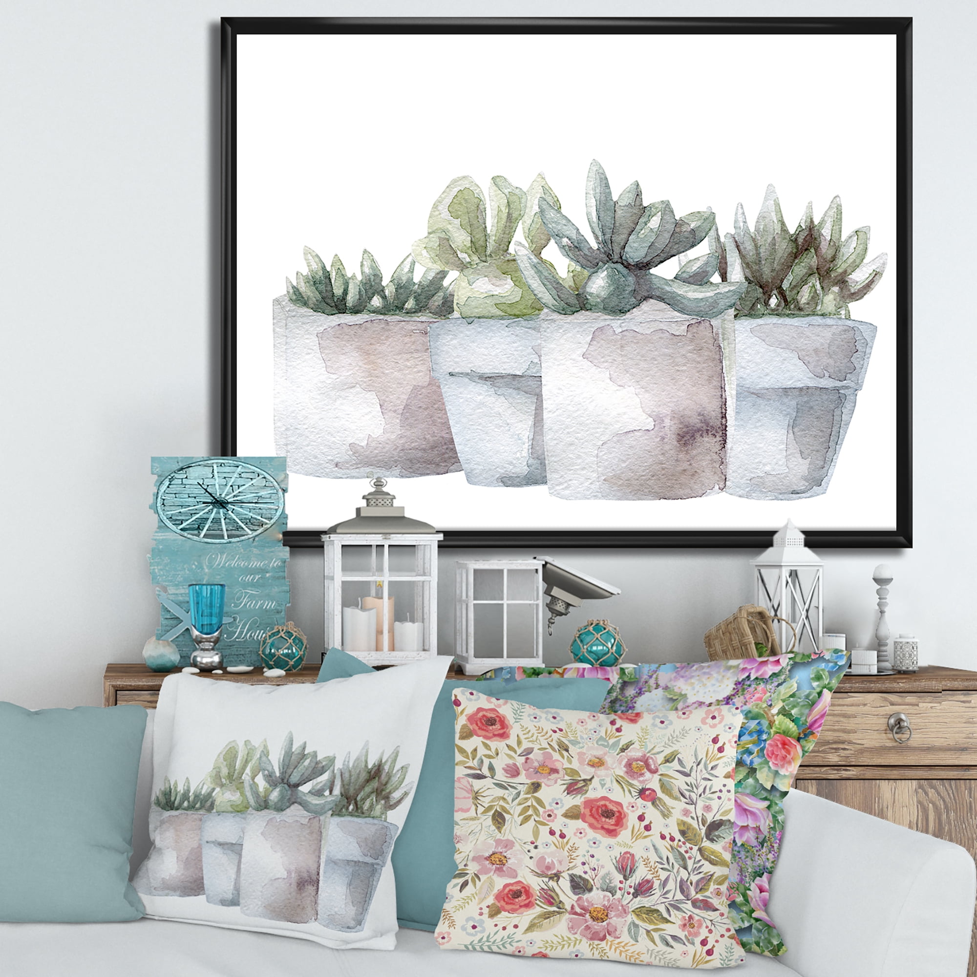 Designart 'Succulent and Cactus House Plants III' Farmhouse Framed Canvas Wall Art Print