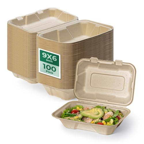 Fit Meal Prep 100 Pack 9x6 Compostable To Go Food Containers, Disposable To Go Boxes for Food, Lunch Boxes, Clamshell Take Out Containers with Lids, Eco Friendly Biodegradable, PFAS-Free, Bagasse
