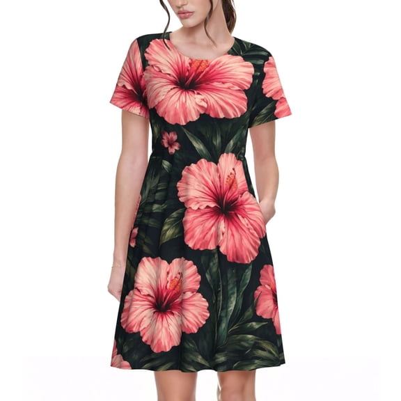 Tropical Hibiscus Dresses Short Sleeve Nightdresses for Women