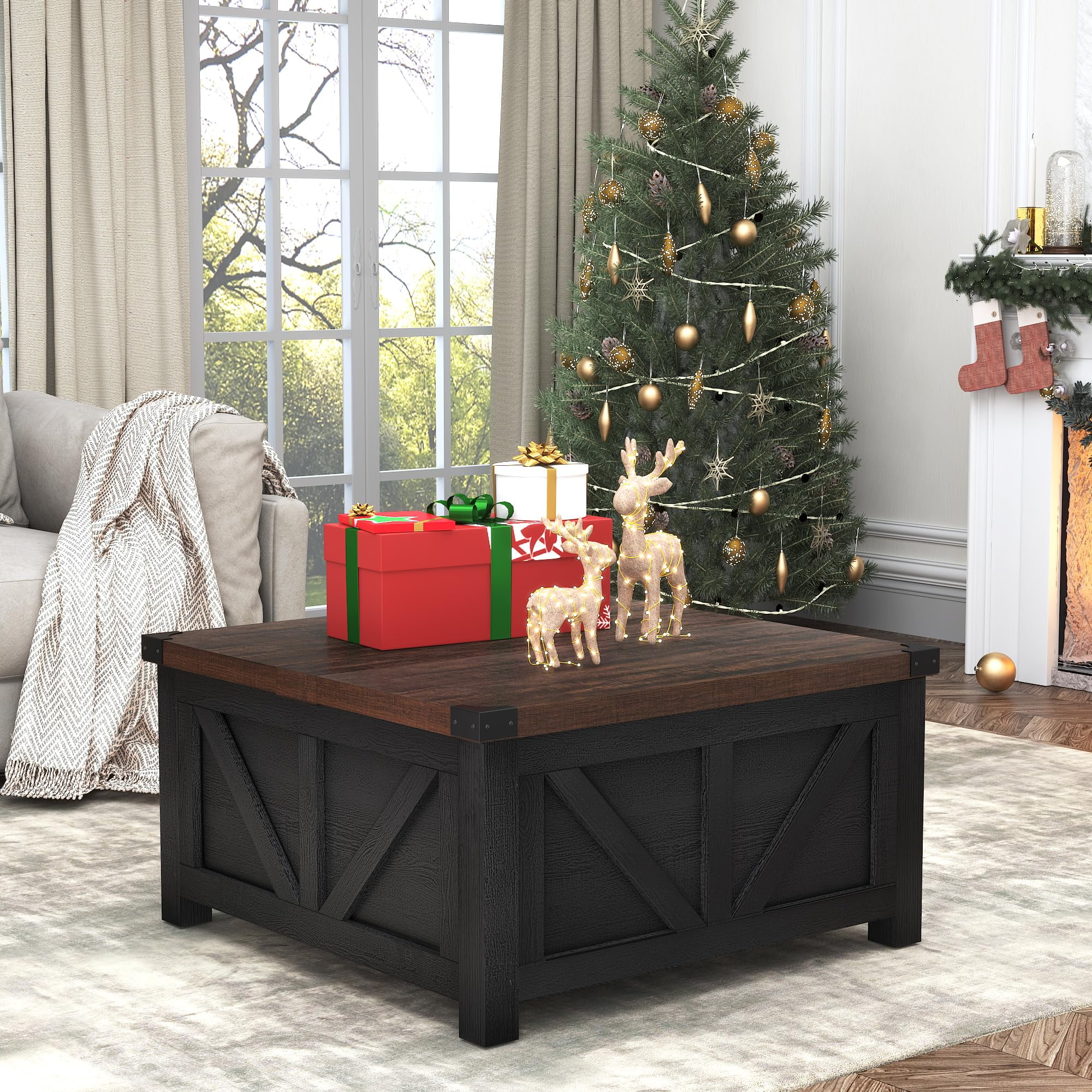 ChVans 35.6" Square Lift Top Coffee Table, Farmhouse Coffee Table with Storage & Charging Ports, Wood Center Table w/Large Hidden Space for Living Room Home Office