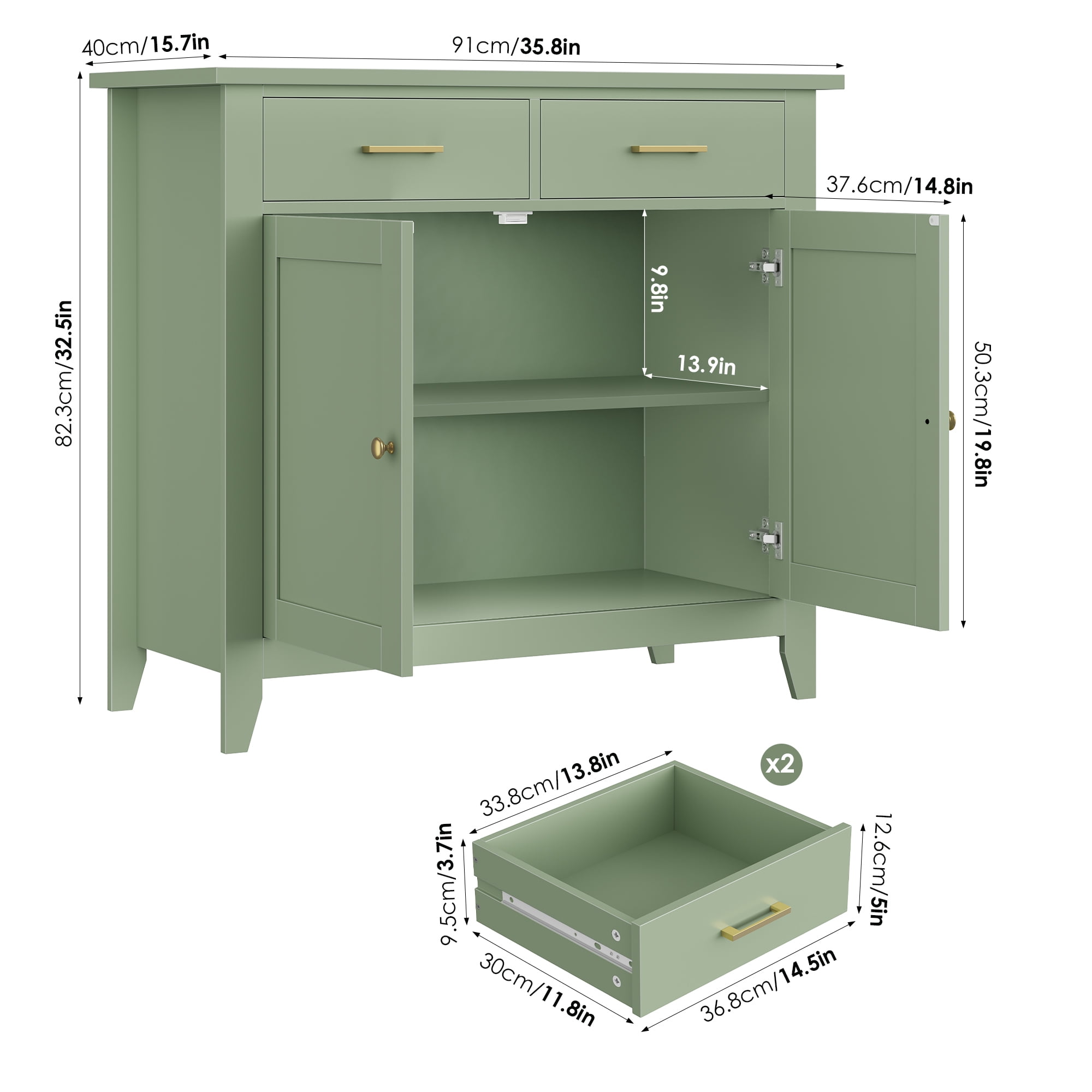 Homfa Kitchen Storage Cabinet, Farmhouse Buffet Sideboard with 2 Drawers and 2 Doors, Entryway Cabinet Coffee Bar for Dining Room Living Room, Green