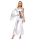 thumbnail image 5 of Mono de baile metálico brillante con parte inferior de campana para mujer, mono de manga acampanada con un hombro, uniforme de porristas, ropa de fiesta temática para discoteca, 5 of 5