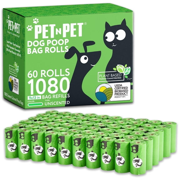 Pet N Pet 1080 bolsas verdes para excrementos de perros, 38 % a base de plantas y 62 % PE, rollos de bolsas extra gruesas para excrementos de perros, 9 x 13 pulgadas, bolsas sin perfume para excrement
