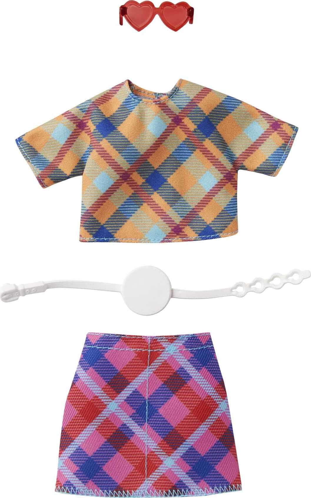 Barbie Fashion Pack with Multi-Colored Plaid Crop Top & Mini Skirt & Accessories. 3 To 8 Years