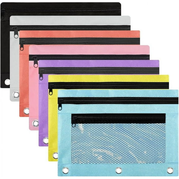 7 Colors Pencil Pouches Zippered for 3 Ring Binder with Smooth Zippers Dual-Pockets Mesh Window Pencil Case Cosmetic Bag Organizer for Storing Classroom Office Home Stationery Supplies