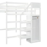 Euroco Modern Wood Full Size Loft Bed with Storage Wardrobe and Shelves for Kids Teens, White