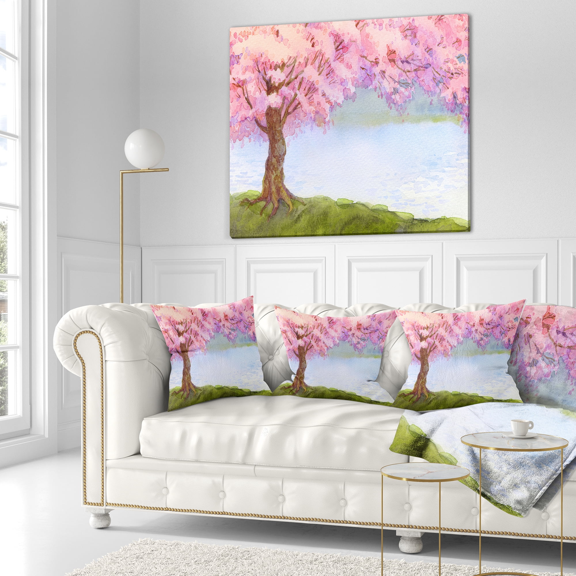 Designart Flowering Pink Tree by Lake - Floral Throw Pillow - 16x16