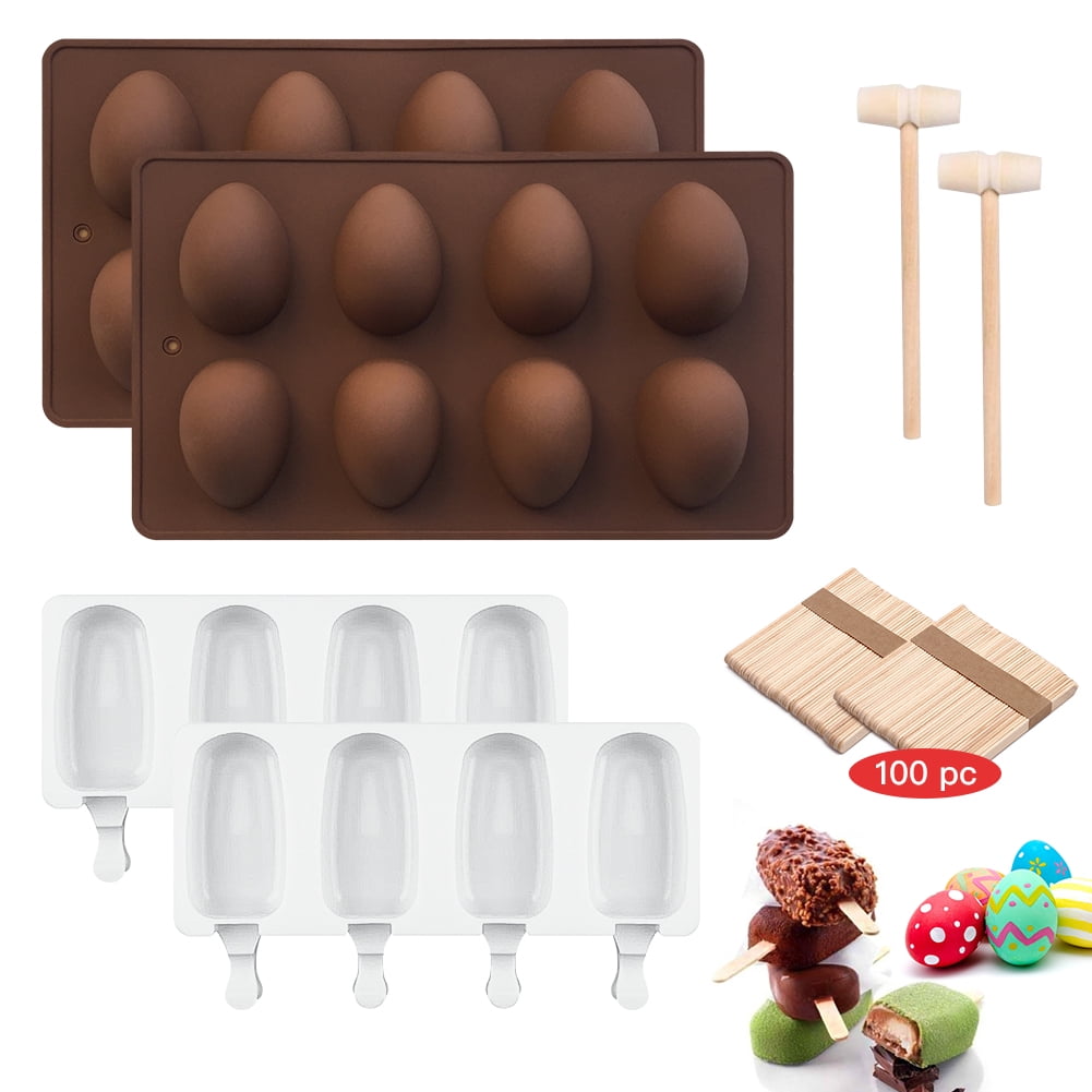 Kepooman 2 Pcs Kitchen Egg Shape Silicone Treat Mold Set for Chocolate Candy Baking Cupcake Jello Soap, Hammer & Sticks, Multi-color