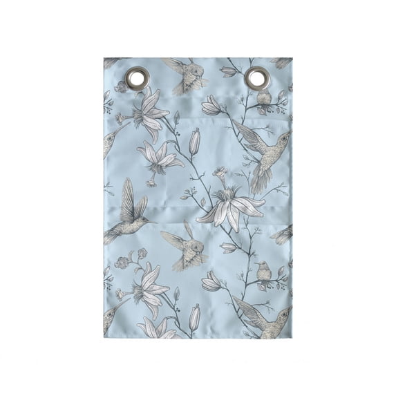 Bird Hanging Pocket Organizer, Composition of Flowers and Hummingbirds in Vintage Design Nature Scene, Printed Polyester Storage Bag with Pockets, 14" x 20", Pale Blue and Grey Yellow