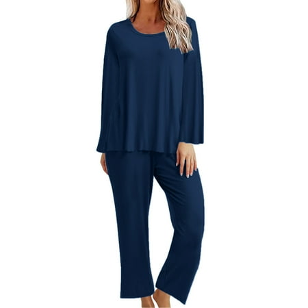 

KIHOUT Clearance Women s Color Round Neck Long Sleeve Sleepshirt And Elastic Waist Pants Sets Loungewear Sleepshirt Pajamas