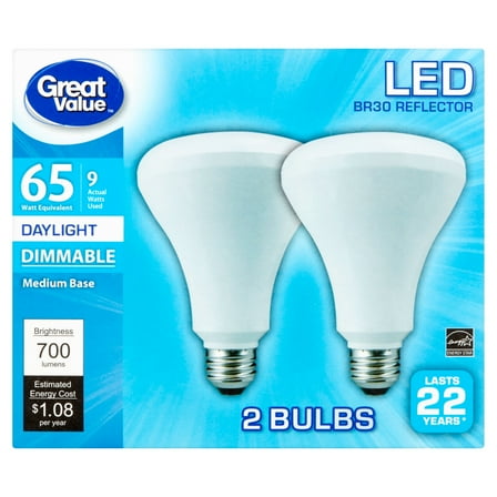 Great Value LED Light Bulbs, 9W (65W Equivalent), Dimmable, Daylight, 2-Pack