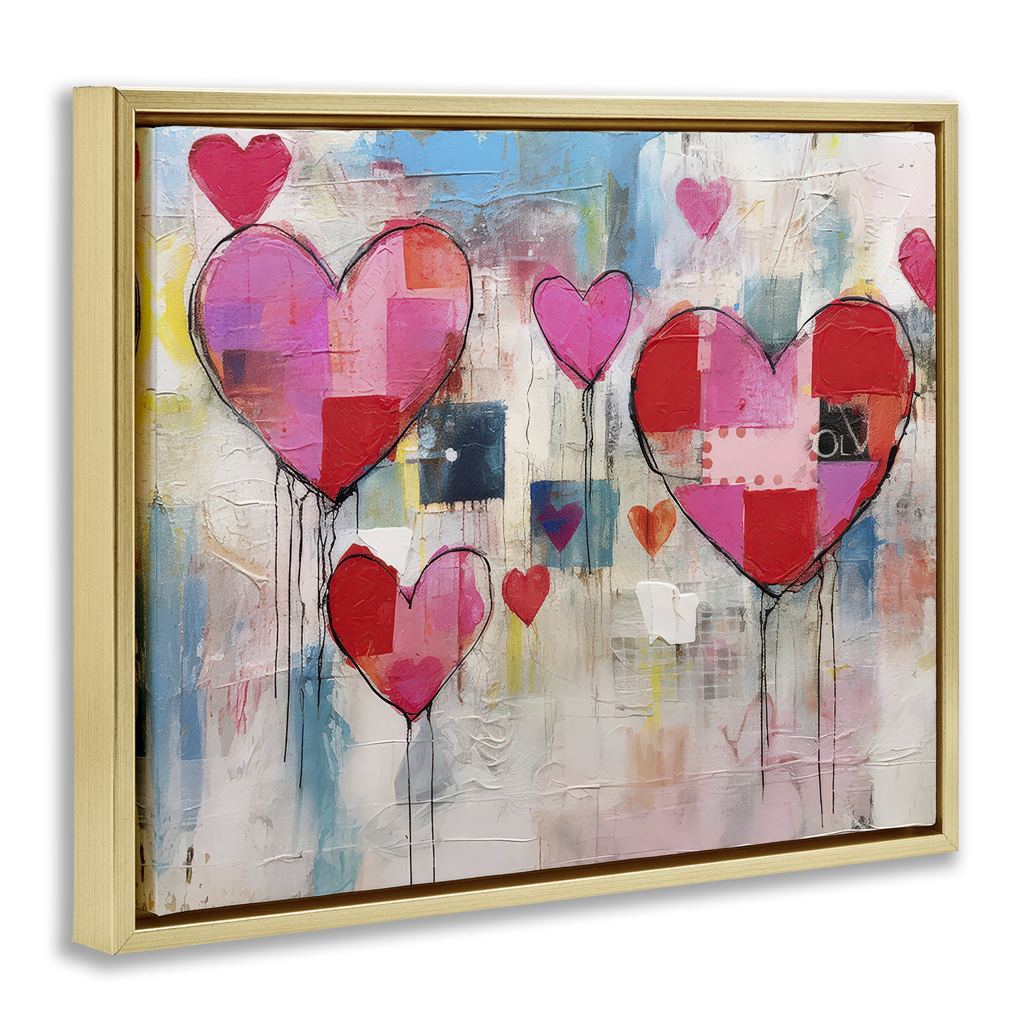 Stupell Industries Urban Hearts Painting Collage Abstract Painting Gold Floater Framed Canvas Art Print Wall Art, 31 x 25