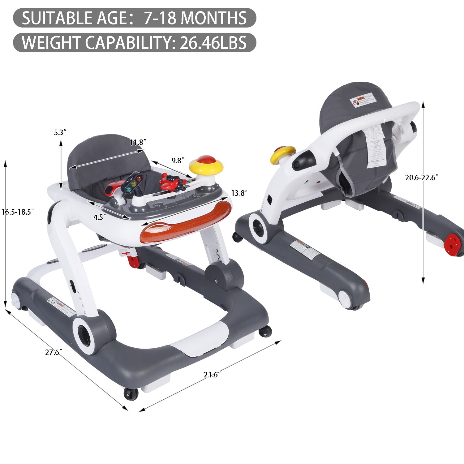 LINLUX Baby Walker w/ Music & Lights, Toddler Activity Walker w/ Seat, Gray