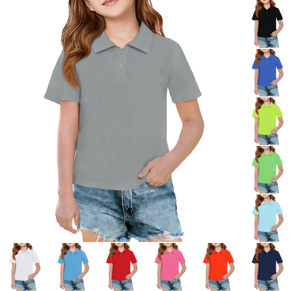 Domuza Girls School Uniform Shirts back to school Fashion Short Sleeve Collar Polo Shirts Button Down Spring Summer Active Tops Cute Gray 8-9 Years