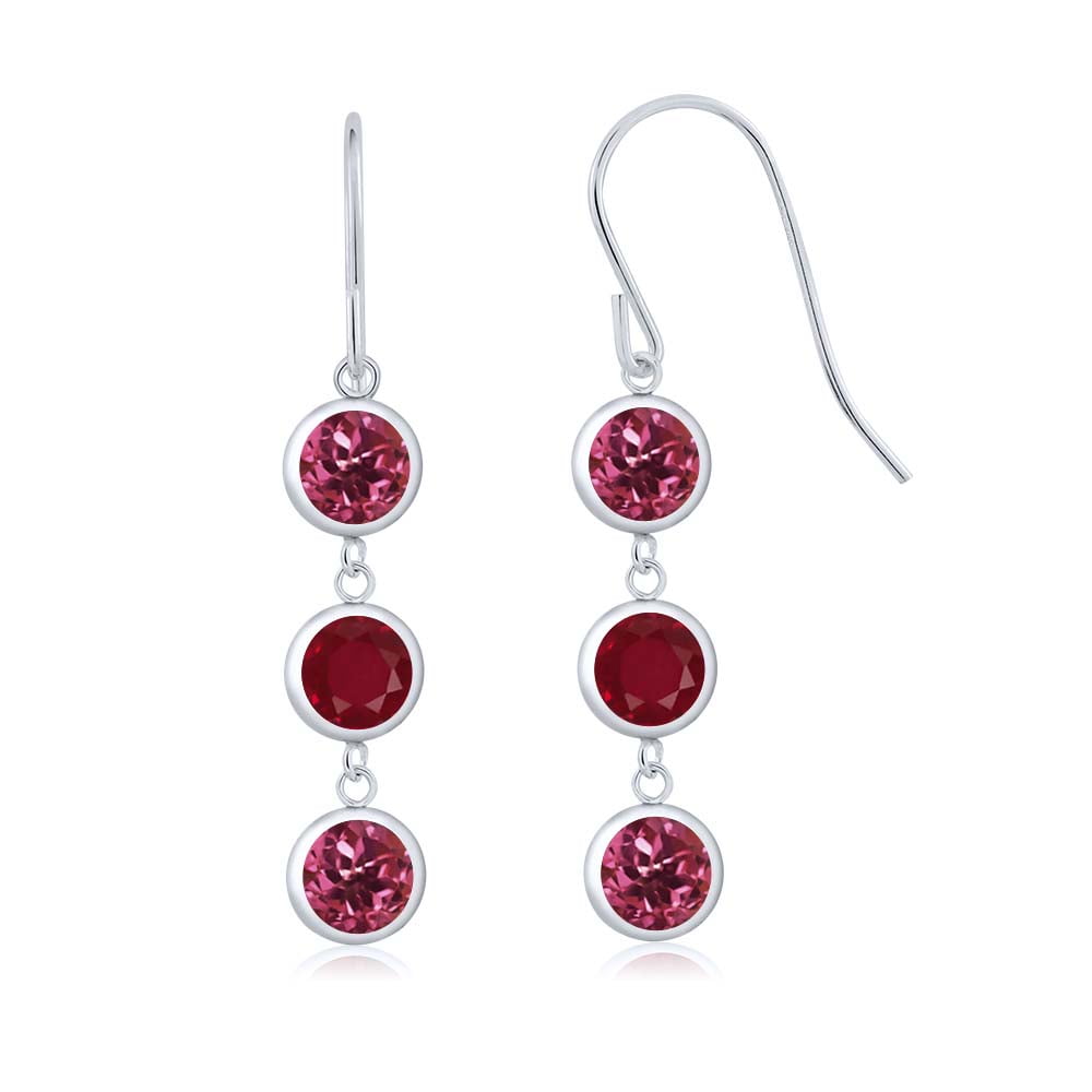 3.10 Ct Round Pink Tourmaline Red Ruby 925 Sterling Silver Earrings by