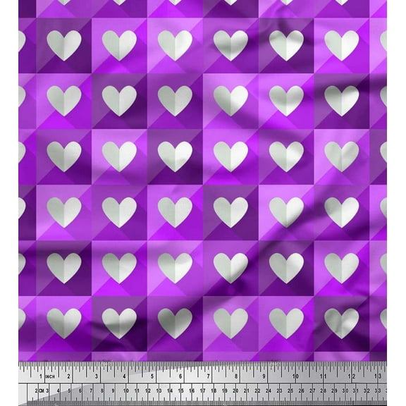 Soimoi Purple Cotton Voile Fabric Square & White Heart Printed Craft Fabric by the Yard 42 Inch Wide