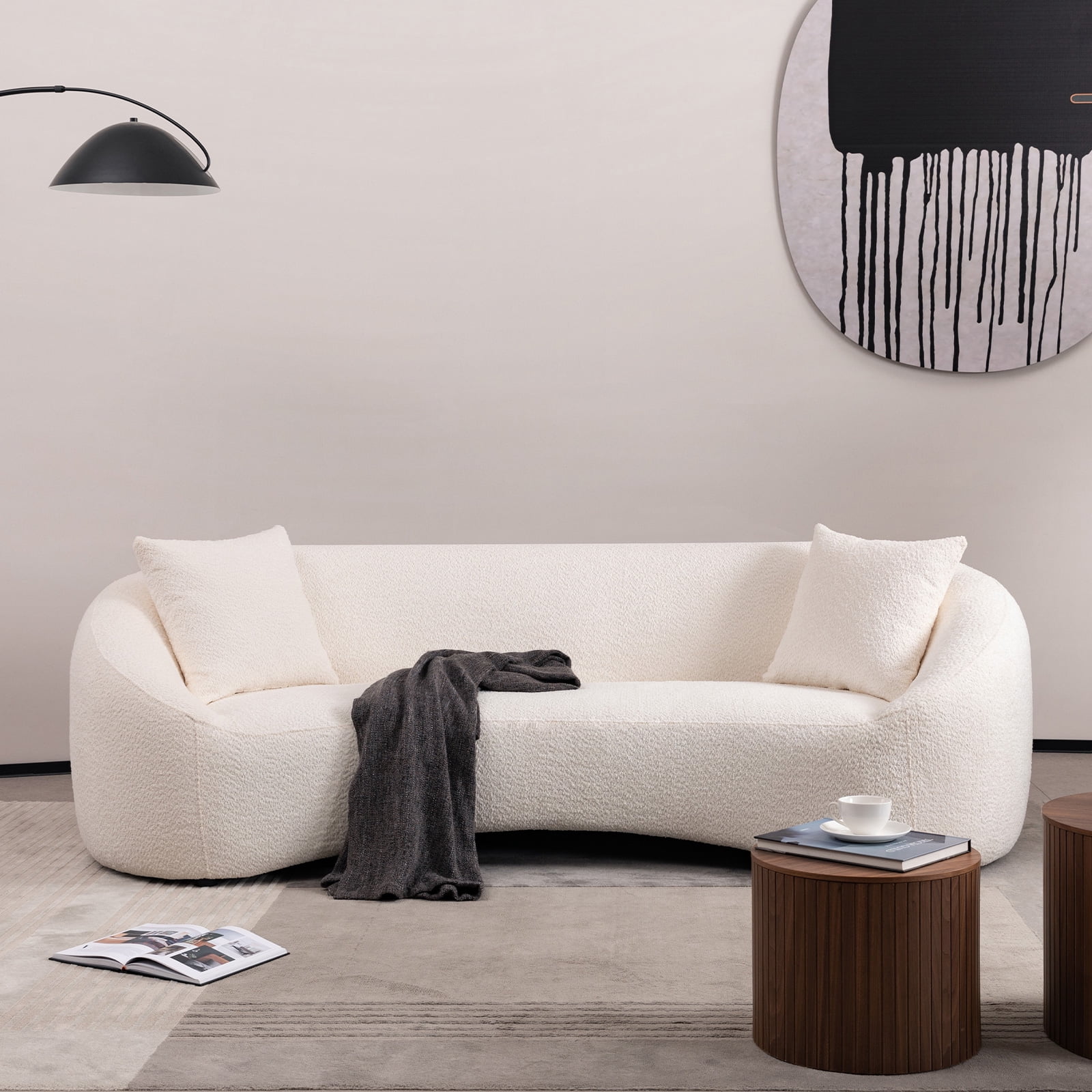 MAYEERTY 93.31" Minimalist Curved Sofa, 3 Seater, White Boucle Fleece Upholstered Sofa, Tight Curved Back Cloud Couch for Living Room Apartment Office, White