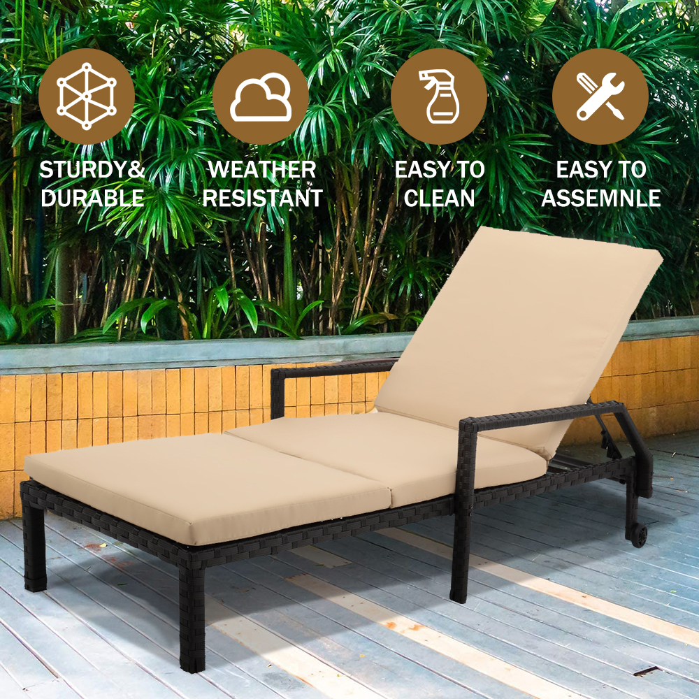 Outdoor Patio Furniture Set Chaise Lounge, Patio Reclining Rattan Lounge Chair Chaise Couch Cushioned with Adjustable Back, 2 Wheels, Outdoor Lounger Chair for Poolside Garden Beach, 1PC, Q17030 - image 3 of 12