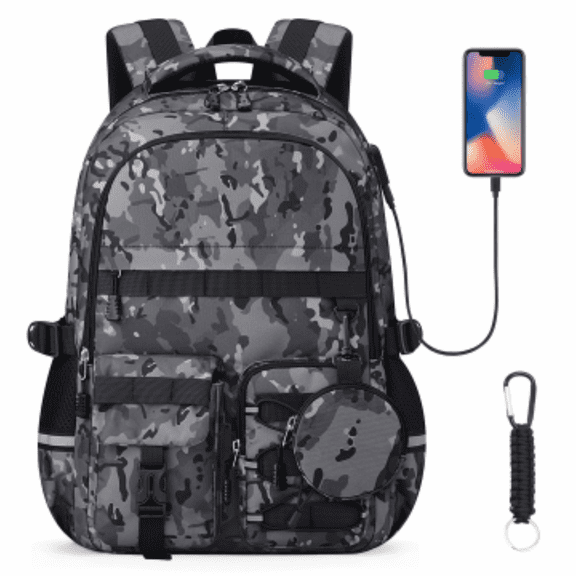 School Backpack for Boys - Camo Boys Backpack for Kids Teens Elementary, Middle & High School Bookbag Daypack with Camouflag Design,18″ Large Capacity with Usb Charging Port & Key-chain