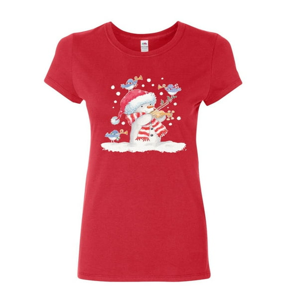 Tee Hunt Snowman Playing a Violin Women's T-Shirt Merry Christmas Let It Snow Shirt