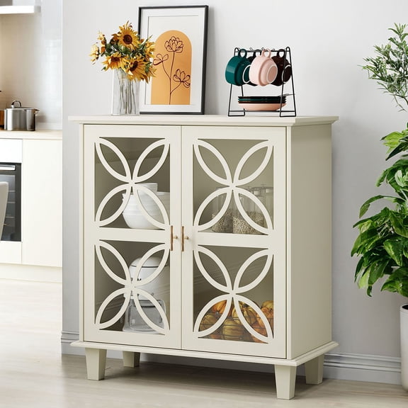 S-HOME Cream Color Decorative Storage Cabinet with Internal Shelf and Tempered Glass Door for Versatile Home Use