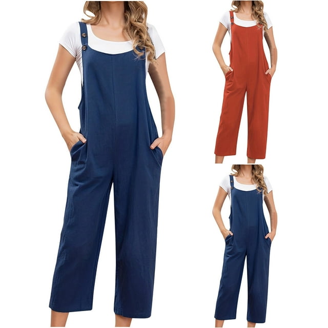 QATAINLAV Combinaisons pour Femmes Décontractées en Lin Salopettes à Bavette 2024 Été Sans Manches Combinaisons Pantalons Amples à Jambes Larges une Pièce Pantalons avec Poches Rouge P