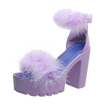 

Block Heel Sandals for Women Ladies Mid High Heels Furry Feather Buckle Platform Sandals Peep Toe Prom Party Occasion Heeled Sandals Ankle Strap Summer Shoes with Zipper