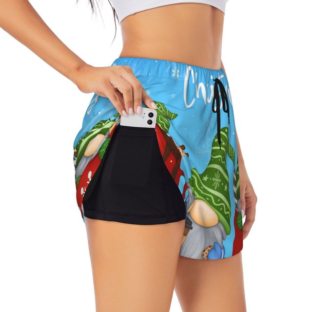 Balery Merry Christmas Gnome Pantalones cortos deportivos para mujer con forro y dos bolsillos, elásticos, para entrenamiento, gimnasio, yoga-Large