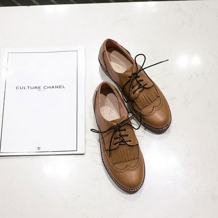 

IELGY Women s square heel shoes low heel round toe lace-up leather soft