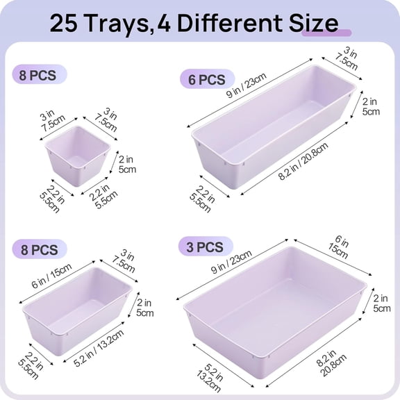 25 PCS Plastic Drawer Organizers Set, 4-Size Versatile Bathroom and Vanity Drawer Organizer Trays, Storage Bins for Makeup, Bedroom, Kitchen Gadgets Utensils and Office