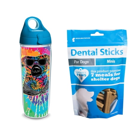Tervis Project Paws Tie Dye Dog with Sunglasses 24 oz Water Bottle with turquoise lid with Dental Sticks Minis